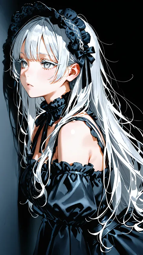 High quality, long silver hair, messy hair,
half-closed gray eyes, silver eyelashes,
one girl,
black gothic lolita, black headdress,
dark room background,