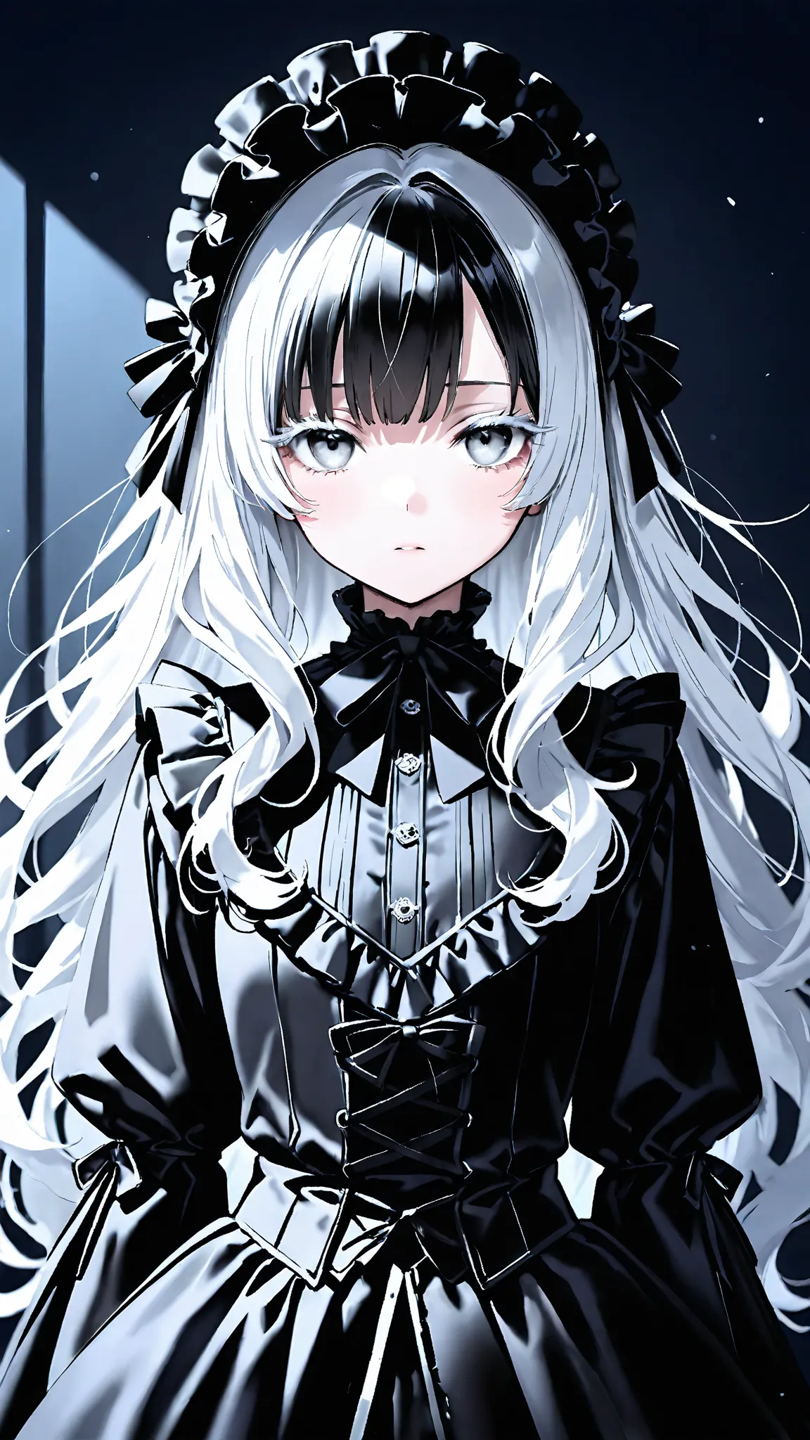 High quality, long silver hair, messy hair,
half-closed gray eyes, silver eyelashes,
one girl,
black gothic lolita, black headdress,
dark room background,