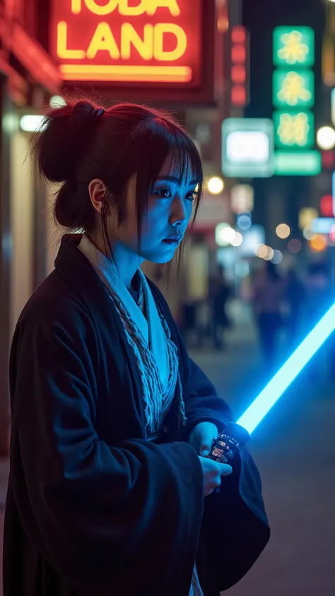 A high resolution photograph of a Japanese young woman in jedioutfit standing with blue light saber, profile, face focus, close-up, photo-realistic, realistic, masterpiece, best quality, cinematic lighting, Intricate details, outdoors, alley, outside bar w...