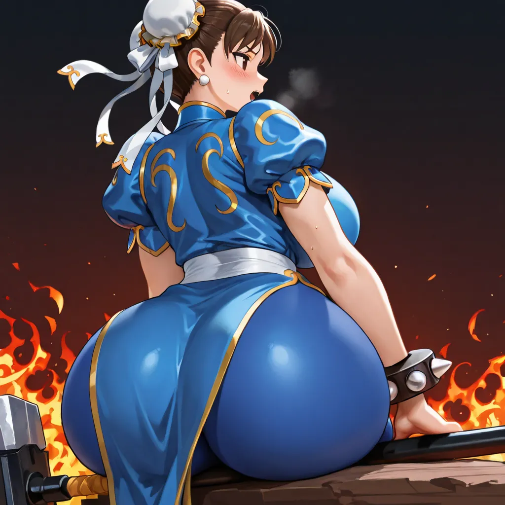 1 , Alone,  High resolution, Blush, Chun Li In Blue Clothes And A Sledgehammer In Her Hand With Flames Burning Background,  big breasts,  rear view,  side view,  big ass, Sitting Open Mouth, 