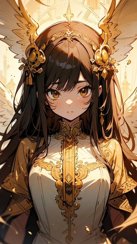 Alone, upper body, Watch Viewers,Wears long brown thin straight hair ,amount, cute face , brown eyes,( Sexy Costumes), Detailed wings,  provocative pose,  glowing eyes,   with thin, golden, straight hair,  gothic clothes with black hair cut  ,(  Manga Styl...