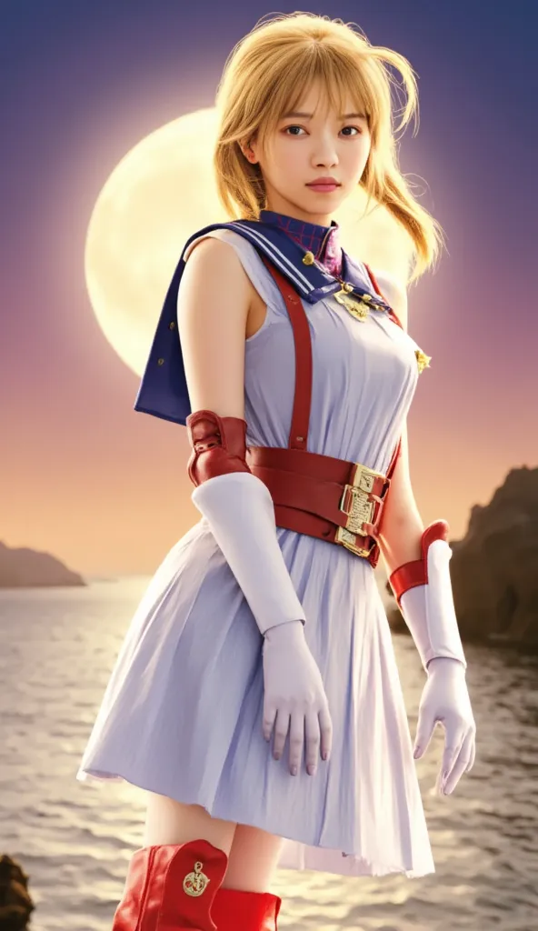 Sailor Moon, Sailor-style combat uniform, The background is a full moon,  battle pose, Genuine,   Digital Art , 3d,  blonde,  tall twin tail hair ,  red long boots, Golden buckle, White long gloves, 