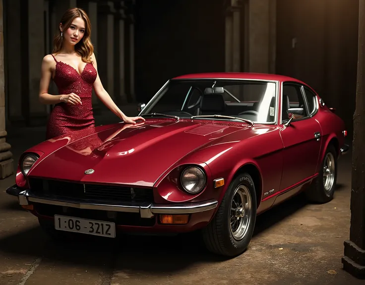Lady wearing a crimson Fairlady Z : S30 and a lace dress