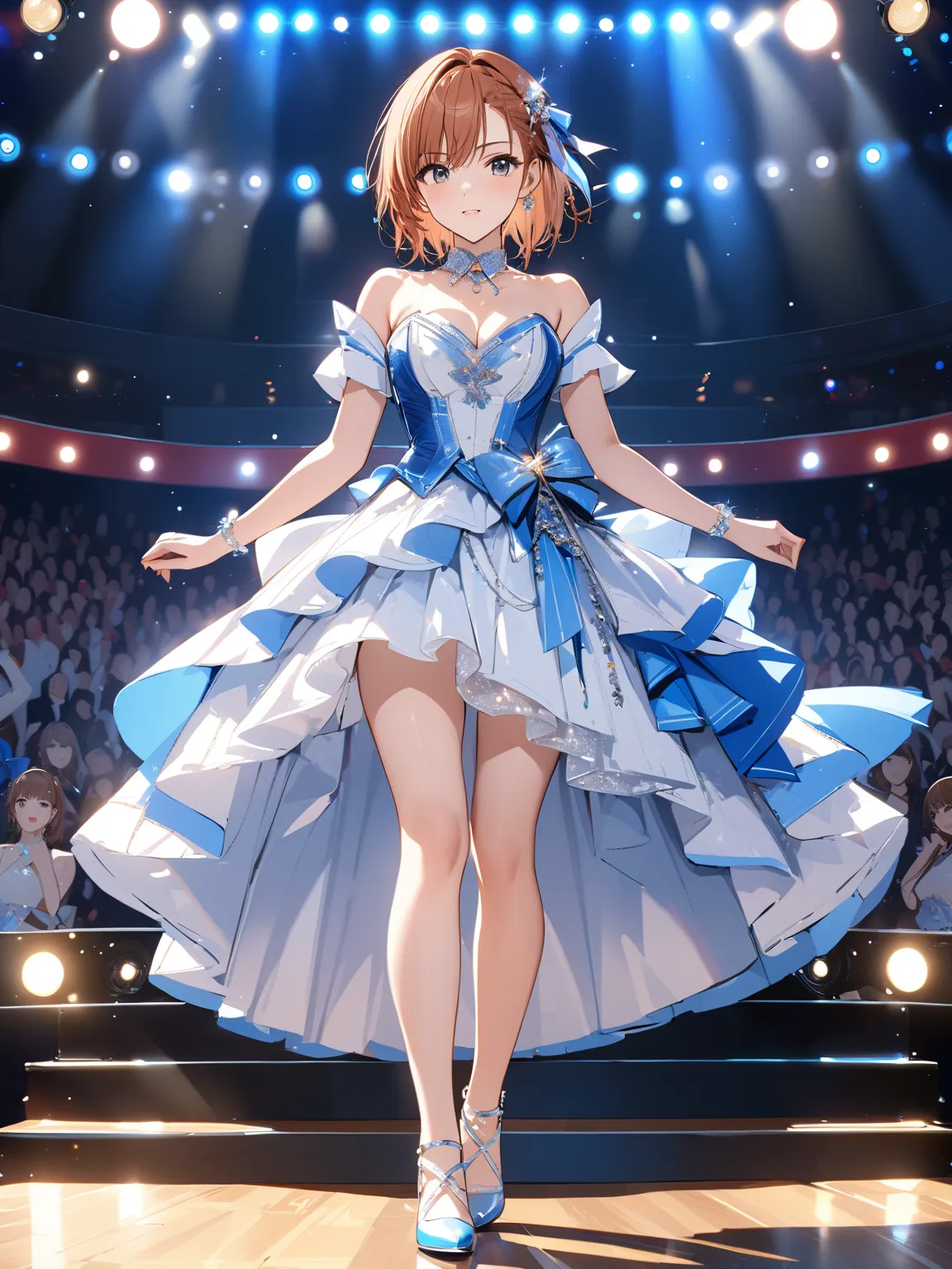 full body,  idol,  stage, ( Misaka Mikoto), masterpiece:1.5, masterpiece, highest quality, UHD, retina, masterpiece, accurate anatomy, super detailed, high quality, best quality, 8k