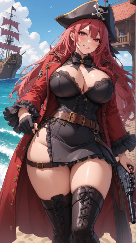 (masterpiece, highest quality, super detailed, 8K UHD, highly aesthetic, absurd, Intricate:1.2), a beautiful curvaceous woman\pink long hair:1.4, wind:1.4\fluttering:1.3, huge breasts, Plump thighs, Abs:1.5, Dark skin:1.1, BREAK, pirates hat:1.2, BREAK, BR...