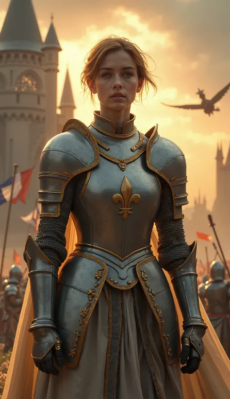 "Create a highly detailed, cinematic 8K resolution image of Joan of Arc, blending her historic and cultural significance with a modern artistic touch. Depict her as a young, determined woman in her late s, wearing a mix of traditional medieval armor and su...