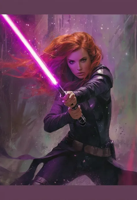 image arafée d'une femme avec une épée dans une lumière violette, Mara Jade skywalker, Mara Jade, Jaina seulement, tenant un sabre laser. illustration publicitaire, Jedi femelle, Lois van Ross dessine, Mara Jade and luke skywalker, par rossdraws, par rossd...