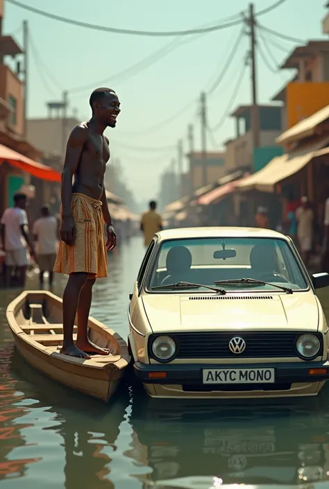 A picture of native simple clothed man standing on a boat canoe paddling besides a half sunken gti golf 7 car, on a city market road in africa whilst laughing at the driver inside