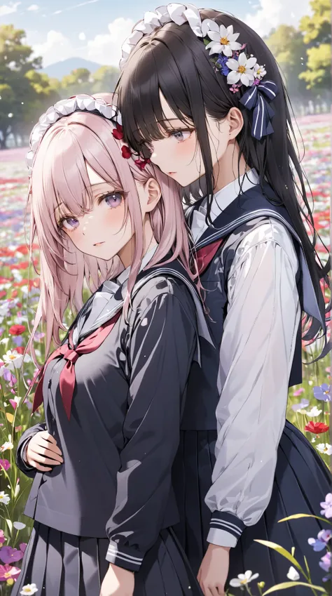 (  masterpiece),  2girls,     school uniform,    flower headdress with death spots ,   Flower Field ,  ,  Yuri,  