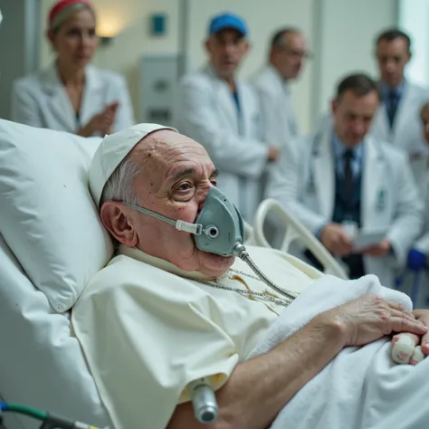 very old and wise (popefluxlora) Pope Francis /( chubby and swollen due to water retention)/, respirator on the face, laying on a bed in an hospital room with drip inserted into arm. (old Pope), (busy and worried doctors in blur background). Photorealistic...