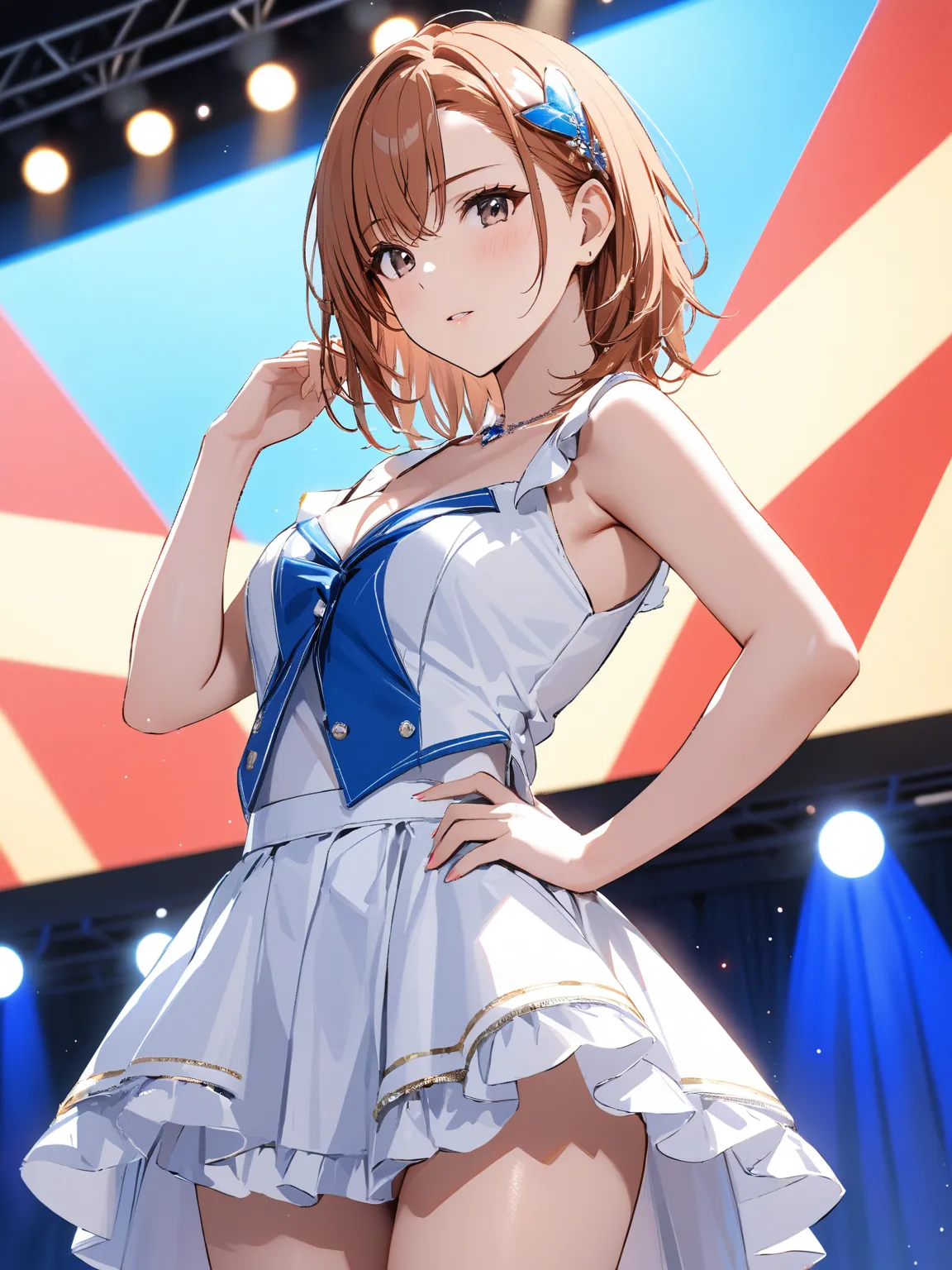  cowboy shot left on left thigh ,  idol,  stage, ( Misaka Mikoto), masterpiece:1.5, masterpiece, highest quality, UHD, retina, masterpiece, accurate anatomy, super detailed, high quality, best quality, 8k