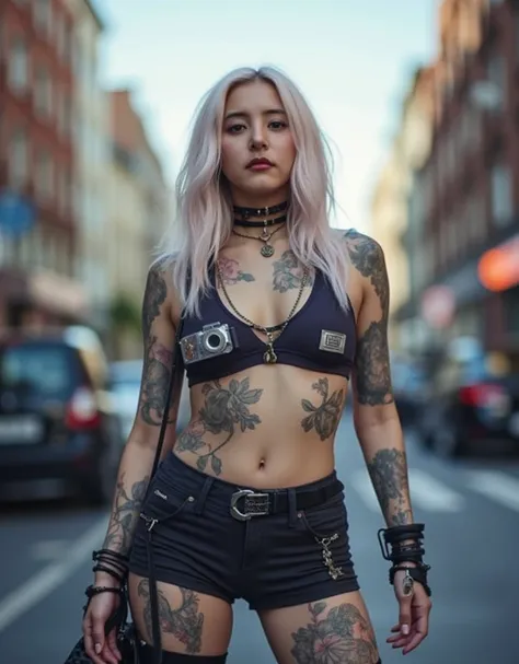 Avant-garde cyberpunk girl, (Best Quality, 8K, 32K, masutepiece:1.3), Ultra-detailed, (Photorealistic:1.4), white colors, albino, Punk Girl, Detailed eyes, Upper body, Luxurious punk hair, Edgy punk fashion, Avant-garde makeup, Numerous piercings, heavily ...