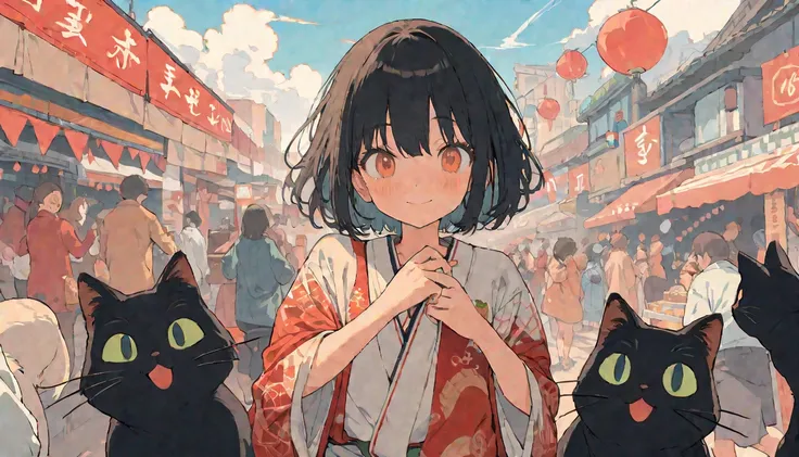 (( animation:1.4, illustration )),( masterpiece,  Superb,  top quality),( super detailed,  absolute resolution showing the body),((16k,  high resolution)), (((girl, small cat, sky, cloud)) ((cozy lofi  illustration :1.4)), (( animation:1.4,  illustration )...