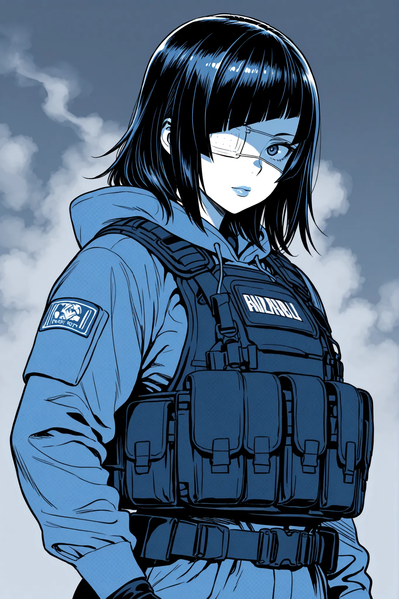 by sabaku chitai, blue monochrome, halftone texture, 1girl, solo, black hair, medium hair, diagonal bangs, unkempt hair, lips, medical eyepatch, tactical clothes, military operator, bulletproof vest, hooded jacket, hood down, bag, belt, load bearing vest, ...