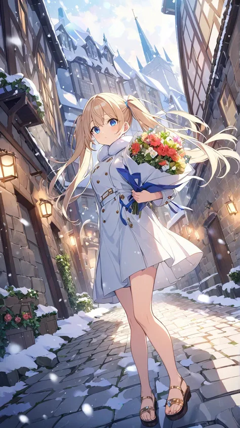 noon、Falling snow、Snowfall、Thick Fog、 Old Stone Buildings 、Cobblestone Slope 、stage、leather soled sandals、 1 girl, Ishigaki、ivy、Use waterways、 blue eyes,  yellow gold、 twin tails、glamorous winter clothes、A big colorful bouquet of flowers in the hand、face l...