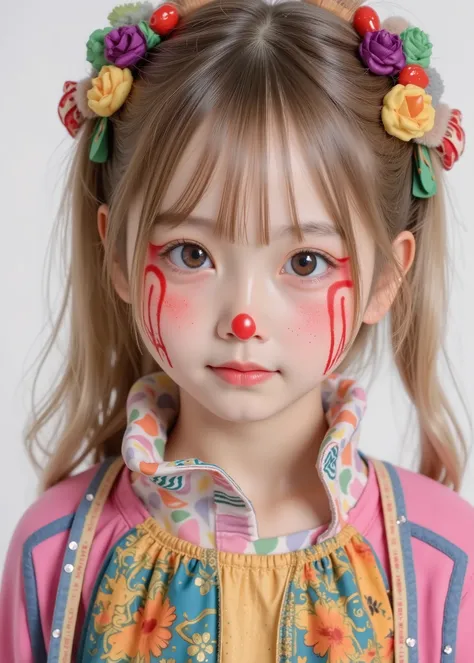 realistic、 girl in a clown costume、 cute、An innocent and straightforward 、