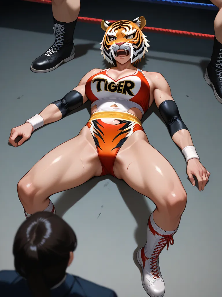 Female professional wrestler, Tiger mask,Japanese, veteran, professional wrestling match, defeated, fallen, costume torn,trampled in the crotch