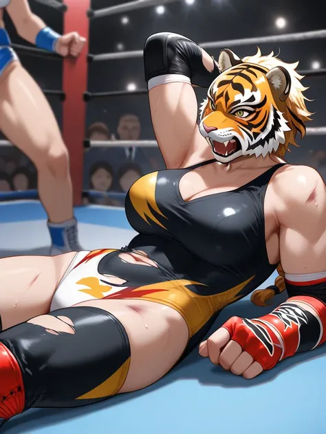 Female professional wrestler, Tiger mask,Japanese, veteran, professional wrestling match, defeated, fallen, costume torn,trampled in the crotch