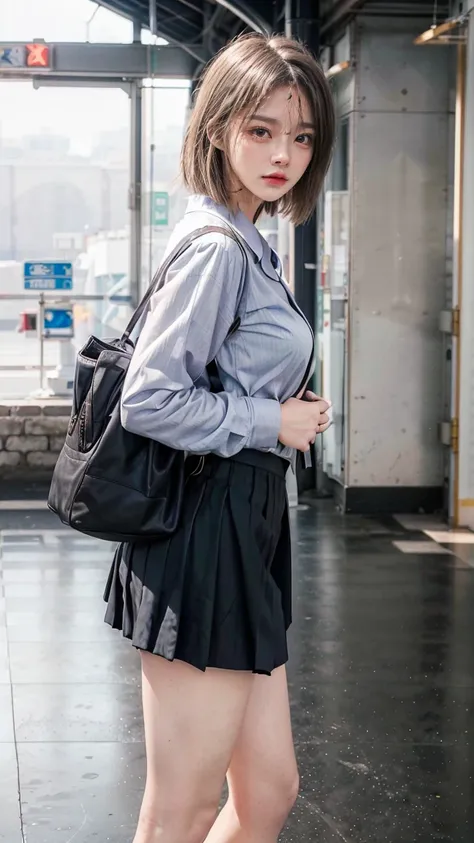 A beautiful, 24-year-old Japanese woman with perfect anatomy, healthy thighs, beautiful legs, beautiful skin, random hair color and style, large breasts, (wearing a flight attendant uniform with a mini-skirt:1.3), (she is standing:1.2), full body shot, pum...