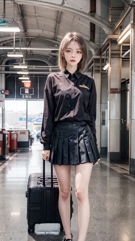 A beautiful, 24-year-old Japanese woman with perfect anatomy, healthy thighs, beautiful legs, beautiful skin, random hair color and style, large breasts, (wearing a flight attendant uniform with a mini-skirt:1.3), (she is standing:1.2), full body shot, pum...