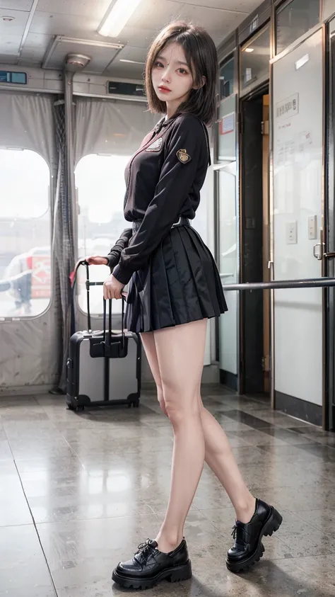 A beautiful, 24-year-old Japanese woman with perfect anatomy, healthy thighs, beautiful legs, beautiful skin, random hair color and style, large breasts, (wearing a flight attendant uniform with a mini-skirt:1.3), (she is standing:1.2), full body shot, pum...