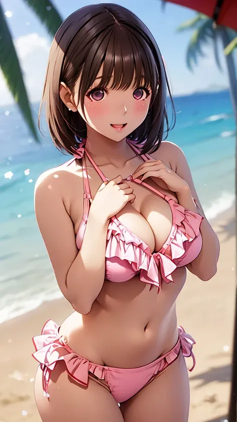 (Nene Kasaki々),  ( one girl:1.3), ( You're Sexy :1.1), short hair ,  brown hair,( Pink Ruffle Bikinis, ruffle bikini :1.5), ( thighs:1.1), ( chests focus:1.3),  ( chest:1.2),(heart hands:1.4) ,  Round Eyes, Background ( beach:1.3),Outdoors,  wind destroys ...