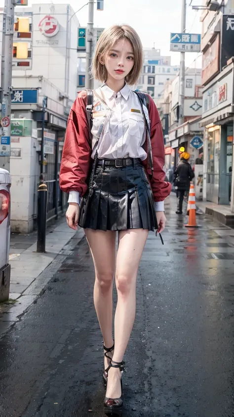 beautiful Japanese woman, 22 years old, perfect anatomy, healthy thighs, beautiful legs, beautiful skin, random hair color, random hairstyle, large breasts, female police officer, (Japanese police uniform:1.3), (miniskirt:1.3), (she is standing:1.2), full ...