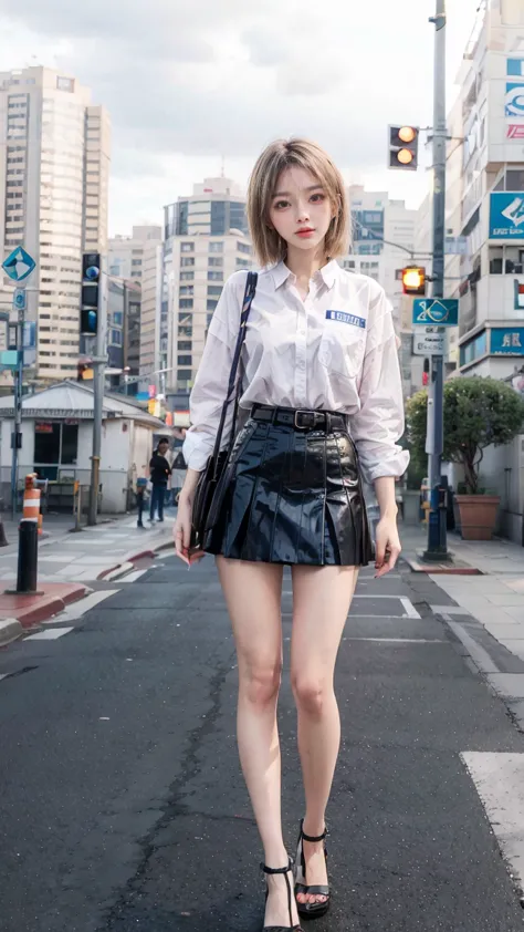 beautiful Japanese woman, 22 years old, perfect anatomy, healthy thighs, beautiful legs, beautiful skin, random hair color, random hairstyle, large breasts, female police officer, (Japanese police uniform:1.3), (miniskirt:1.3), (she is standing:1.2), full ...