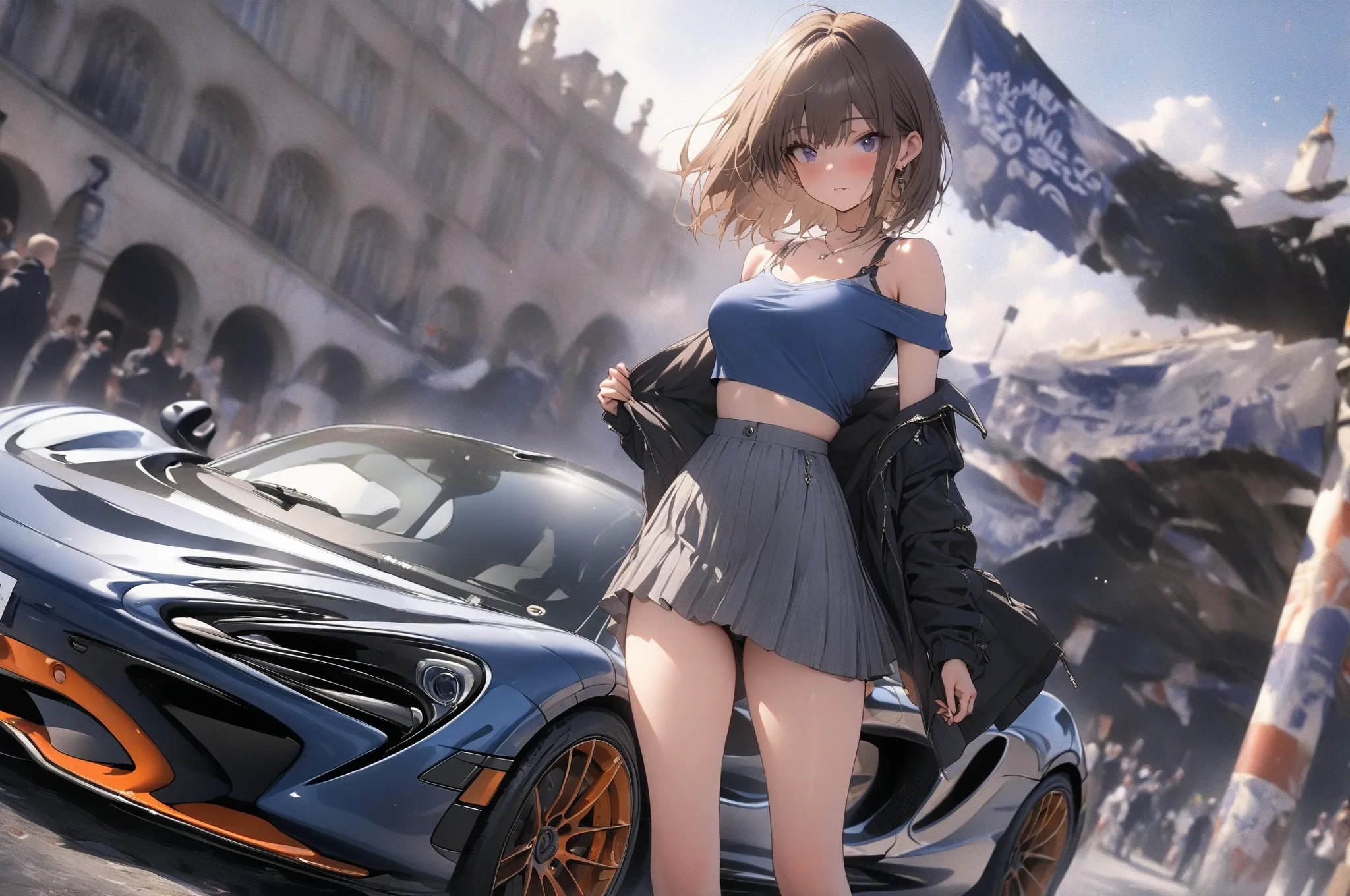 (masterpiece, detailed:1.2), One Girl, (18-years old), brown long Bob Cut, Medium Breasts, off shoulder, BREAK, Highest quality, in UK, BREAK, standing, Blue metallic "McLaren 750S", 