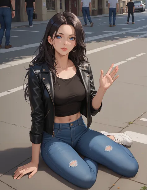 solo focus,  1girl , (masterpiece, high quality:1), sexy girl in the street. крутой  sexyй одежде, leans on hands ,  flirts with the viewer ,  blue eyes.  black long hair, slim sexy, street cool, fashionable clothes, sitting on the floor, leans on hands , ...