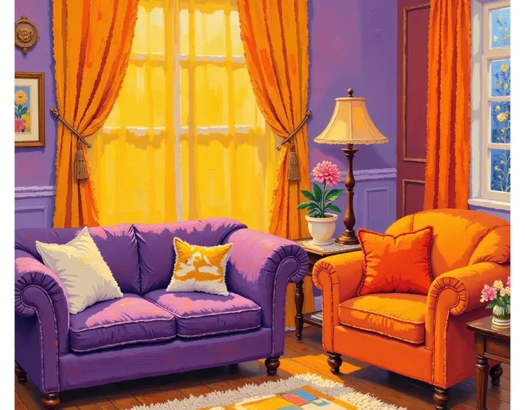   painting for living room with sofa , chair, Table and vase ,  warm artistic expression ,  and purple color scheme ,  room painting ,   and orange color scheme  , yellow-orange tone, Warm and saturated colors,  orange and purple color scheme ,  inspired b...