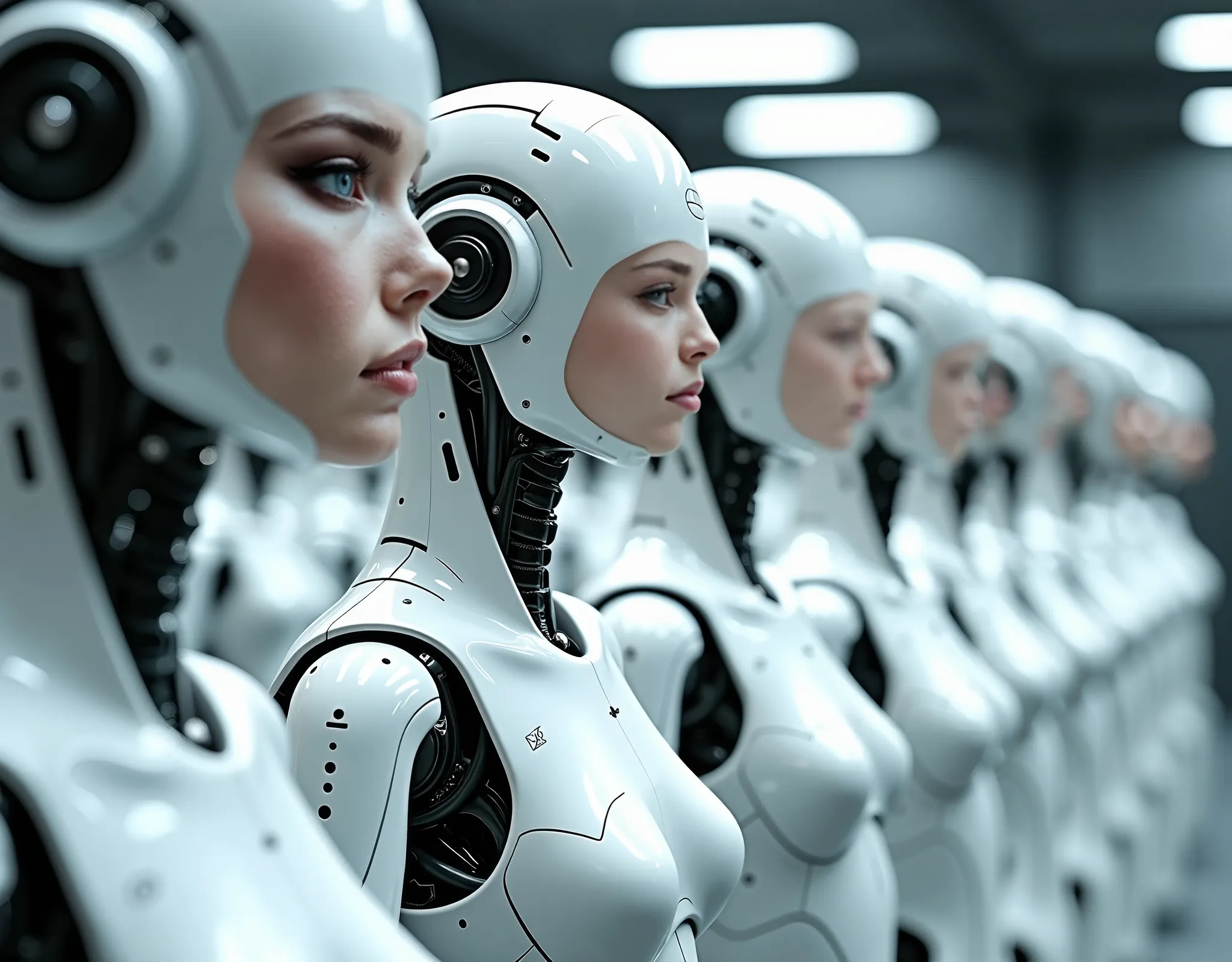 Many mannequins lined up in a row, Highly detailed VFX scenes, White biomechanical details, Darren Aronofsky, Human Computer, Large Arrays, Portrait of a female android, Artificial Intelligence Logo, Human female, Blu-ray image, Anthropomorphic woman, Cycl...