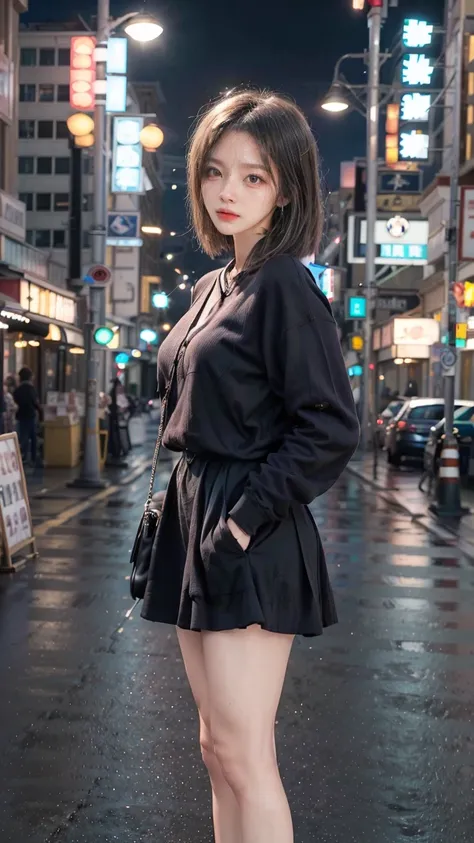 a beautiful young Japanese woman, 24 years old, with healthy thighs, beautiful legs, flawless skin, random hair color and hairstyle, large breasts, a hostess wearing a hostess dress, high heels, (she is standing:1.2), full body shot, holding a purse in one...