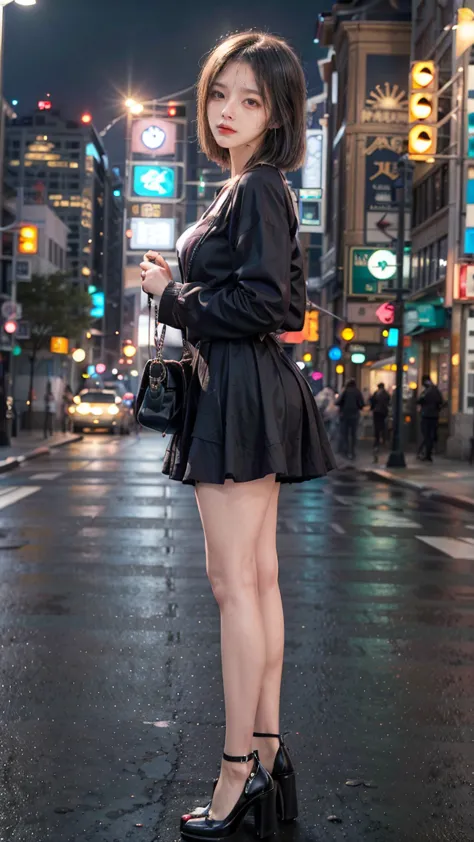 a beautiful young Japanese woman, 24 years old, with healthy thighs, beautiful legs, flawless skin, random hair color and hairstyle, large breasts, a hostess wearing a hostess dress, high heels, (she is standing:1.2), full body shot, holding a purse in one...