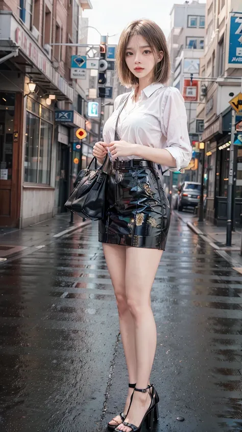 a beautiful young Japanese woman, 24 years old, with healthy thighs, beautiful legs, flawless skin, random hair color and hairstyle, large breasts, a hostess wearing a hostess dress, high heels, (she is standing:1.2), full body shot, holding a purse in one...