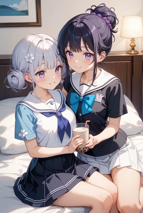  2 girls、（Milk tea hair、Up to the shoulders、Curl inward、 white sailor suit、灰色チェックのミニ skirt、Dog-like atmosphere、Milk Tea Eyes、Tall、smile）、（black bun hair（Touch）、 black suit、 skirt、Blue T-shirt、 purple eyes）、 and stare at each other、 blush、 hold hands、 dim r...