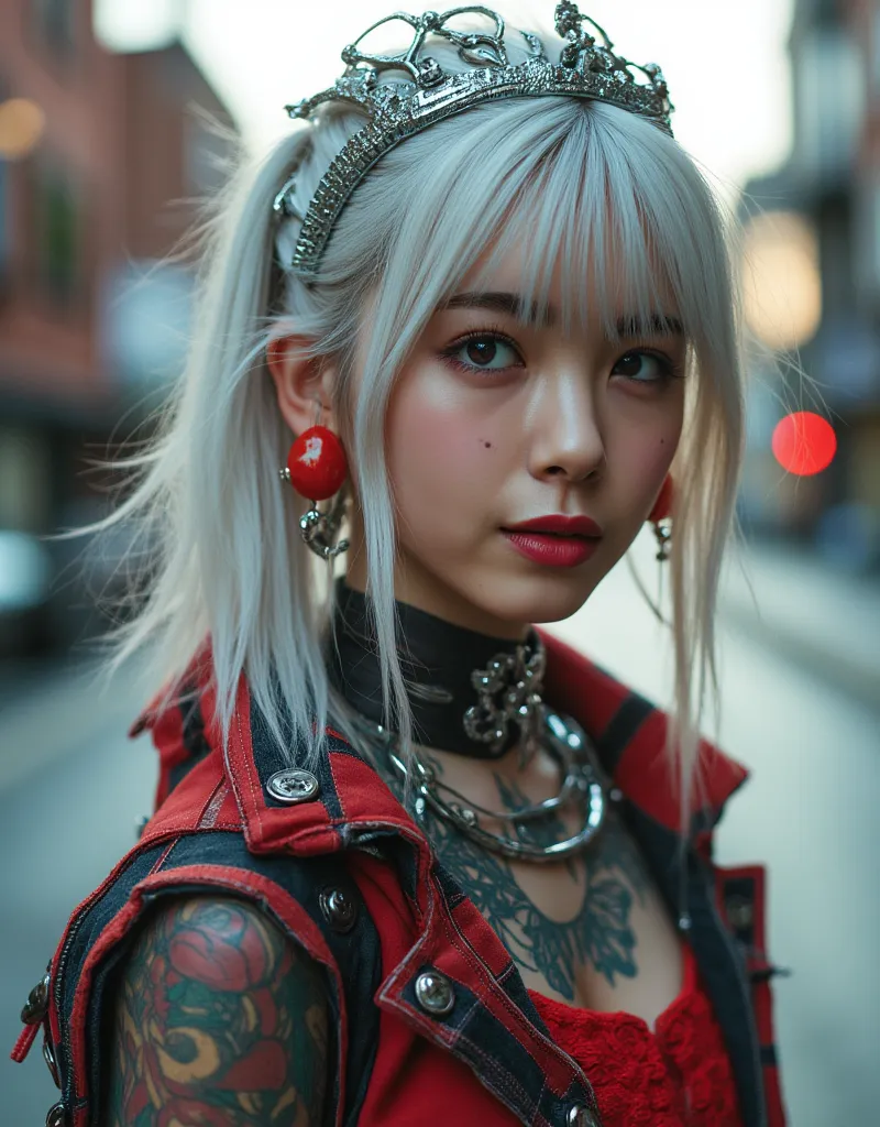 Avant-garde cyberpunk girl, (Best Quality, 8K, 32K, masutepiece:1.3), Ultra-detailed, (Photorealistic:1.4), white colors, albino, Punk Girl, Detailed eyes, Upper body, Luxurious punk hair, Edgy punk fashion, Avant-garde makeup, Bright red lips, Numerous pi...