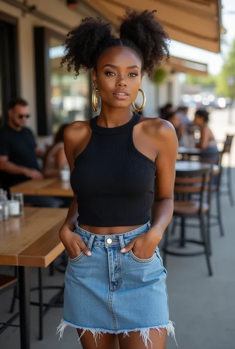 A curvaceous Black woman in a black ribbed knit crop top and high-waisted denim mini skirt at a trendy outdoor brunch spot, wearing chunky gold hoops and platform sneakers, her hair in playful space buns with curly edges.

