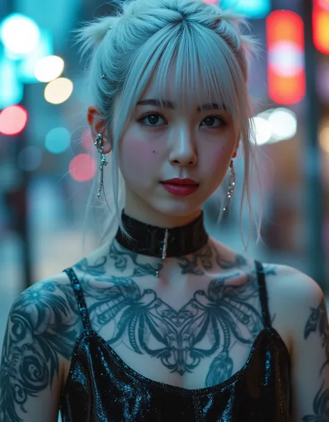 Avant-garde cyberpunk girl, (Best Quality, 8K, 32K, masutepiece:1.3), Ultra-detailed, (Photorealistic:1.4), white colors, albino, Punk Girl, Detailed eyes, Luxurious punk hair, Edgy punk fashion, Avant-garde makeup, Bright red lips, Numerous piercings, hea...