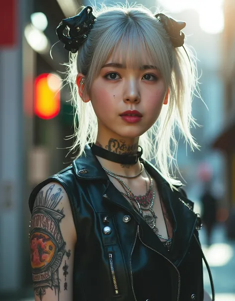 Avant-garde cyberpunk girl, (Best Quality, 8K, 32K, masutepiece:1.3), Ultra-detailed, (Photorealistic:1.4), white colors, albino, Punk Girl, Detailed eyes, Luxurious punk hair, Edgy punk fashion, Avant-garde makeup, Bright red lips, Numerous piercings, hea...