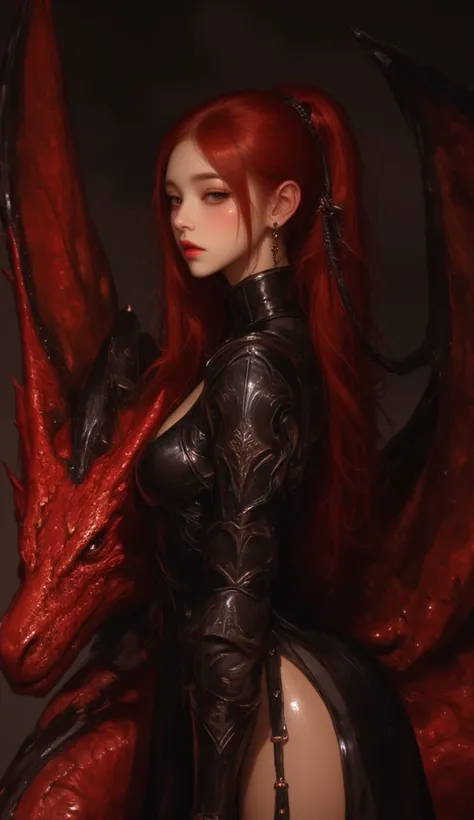 dragon rider, beautiful female, with red hair, wearing beautiful black warrior armor dress, she is standing and lean her body against her red winged dragon's head, the dragon is sleeping, dark, high contrast, dramatic lighting, cinematic composition. 