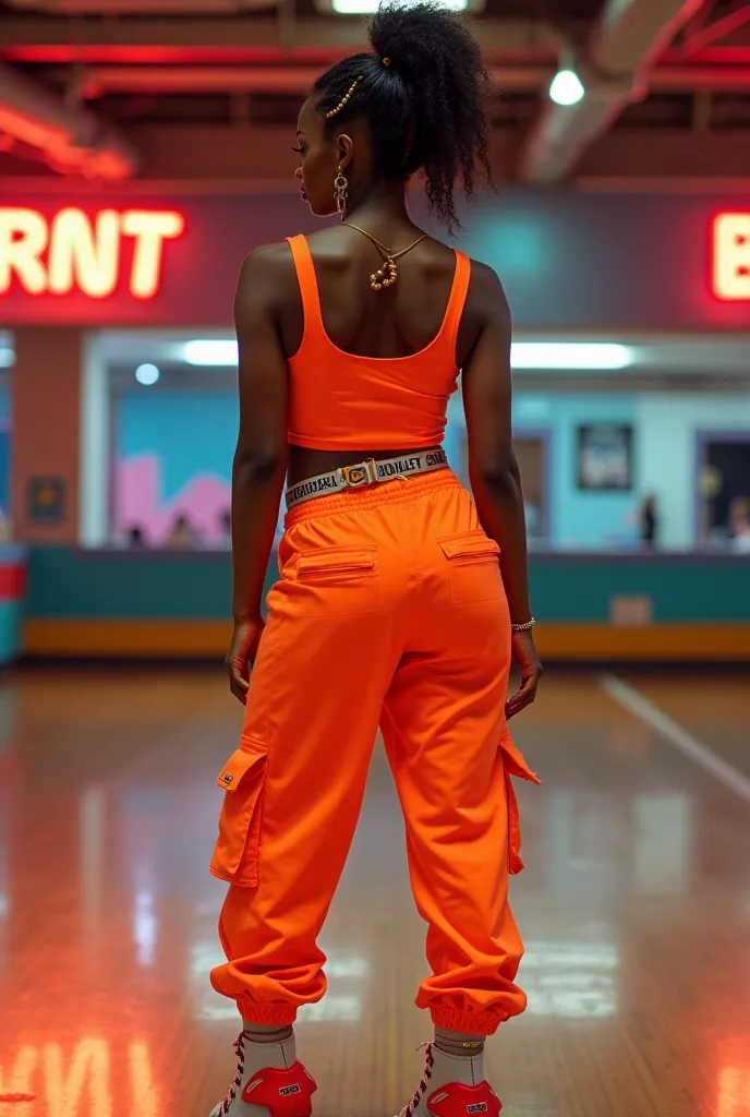 A curvaceous Black woman wearing neon-orange cargo joggers and a cropped muscle tank, lacing up roller skates at a retro-themed rink. She’s accessorized with a chunky neon belt and tube socks. Her hair is styled in a high ponytail with zig-zag parting, thr...