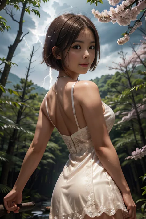 (8k, RAW photo, photorealistic, HQ, masterpiece), a cute Japanese woman, (glowing eyes), (from below:1.2), 
(shy smile), brown hair, Very short bob, bob cut, (Violet color dress, sleeveless long dress, elegant lace silk fabric dress:1.2), large breasts, (i...