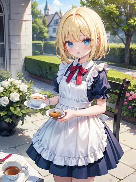  Masterpiece,  best quality,  very detailed, 8k,  super high resolution,  cowboy shot ,  girl,  perfect finger,  detailed face,  blue eyes,  blonde,  braided,  blue dress,  apron,   Alice in Wonderland, Castle Gardens,  flower bed, White tablecloth, puddin...