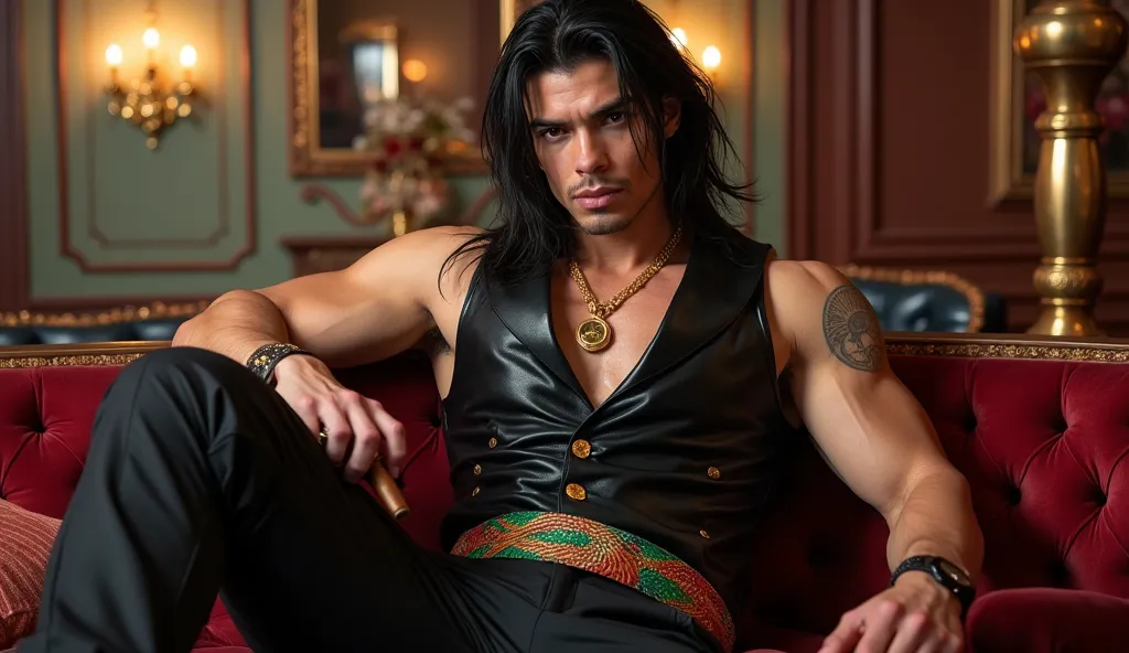 A 20-year-old, 8' muscular white man with olive-tanned skin, piercing amber eyes, bulging biceps, and chiseled features. He has long, flowing jet-black hair and wears a black leather vest, sleek black pinstripe pants, and black leather boots. Accessories: ...