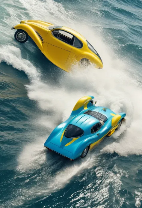 Vintage Sports Car in retro future, speed motion line, working jet engine pack on car back, yellow and blue body car, old style car, (((splash water))), in big wave, wing, drive in sky on sea, dynamic amazing angle,