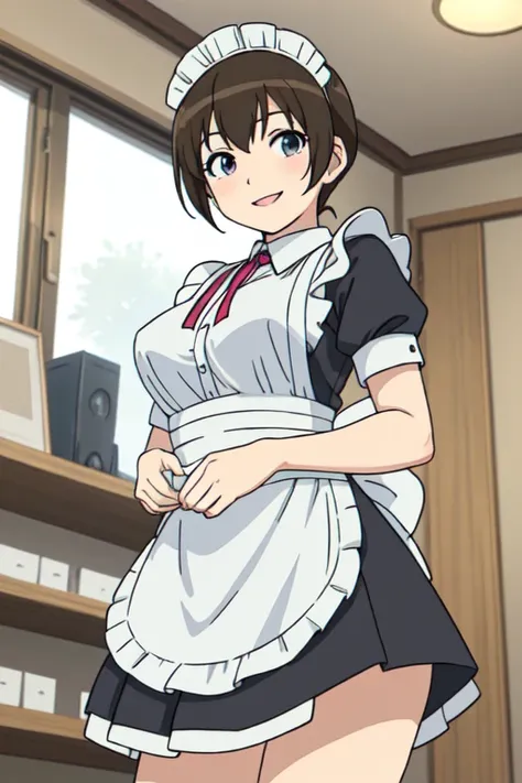 Tamura is not, Maid, miniskirt,  big breasts, glass,  place your hands on your lower back, from below,
( best quality,  masterpiece,  RAW Photo, super high resolution:1.2),  1 girl,Alone, Watch Viewers,smile