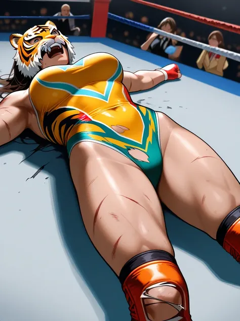 Female professional wrestler, Tiger mask,A brutally torn mask,Japanese, veteran, professional wrestling match, defeated, fallen, costume torn,trampled in the crotch