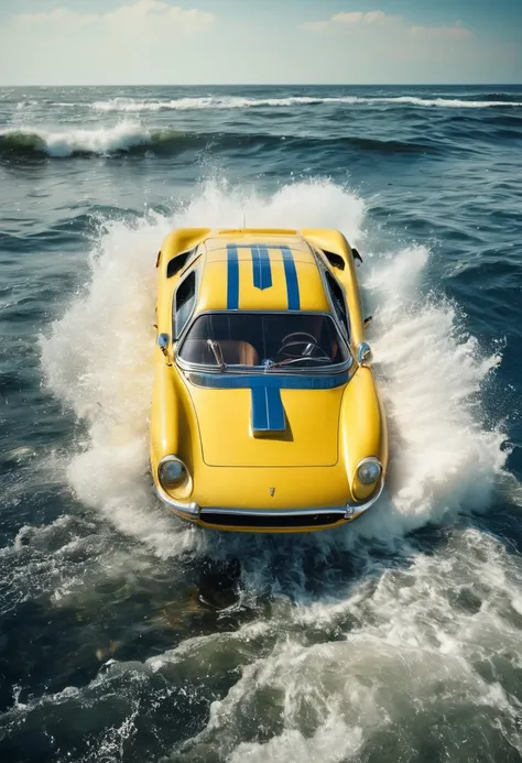 Vintage Sports Car in retro future, speed motion line, working jet engine pack on car back, yellow and blue body car, old style car, (((splash water))), in big wave, wing, drive in sky on sea, dynamic amazing angle, booster fire,