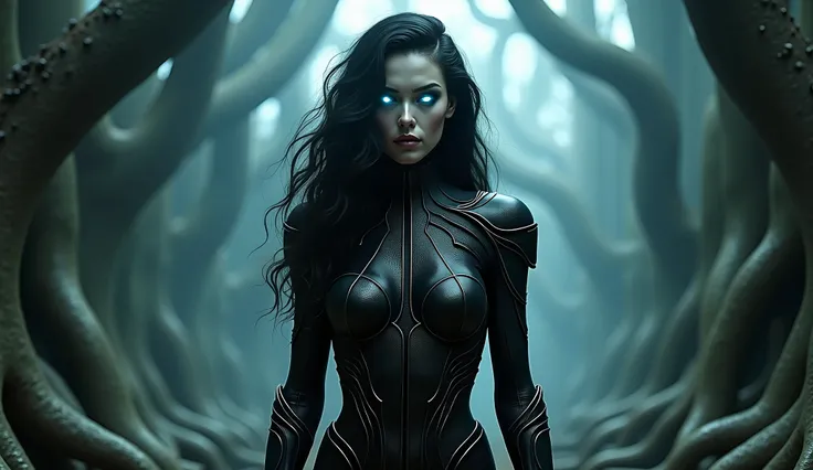 In a dark, atmospheric realm reminiscent of Hellraiser, a striking human woman stands tall and commanding, exuding an otherworldly presence. Her long, curly black hair frames her porcelain-like face, which glows softly in the dim light. Sharp, piercing blu...